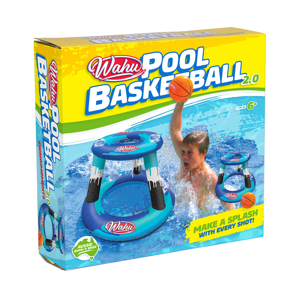Wahu Pool Basketball 2.0 toy set in its retail packaging, featuring a blue inflatable pool hoop with a basketball and a child playing graphic on the box.