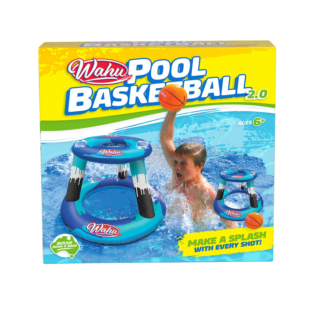 Wahu Pool Basketball 2.0 toy set in its retail packaging, featuring a blue inflatable pool hoop with a basketball and a child playing graphic on the box.