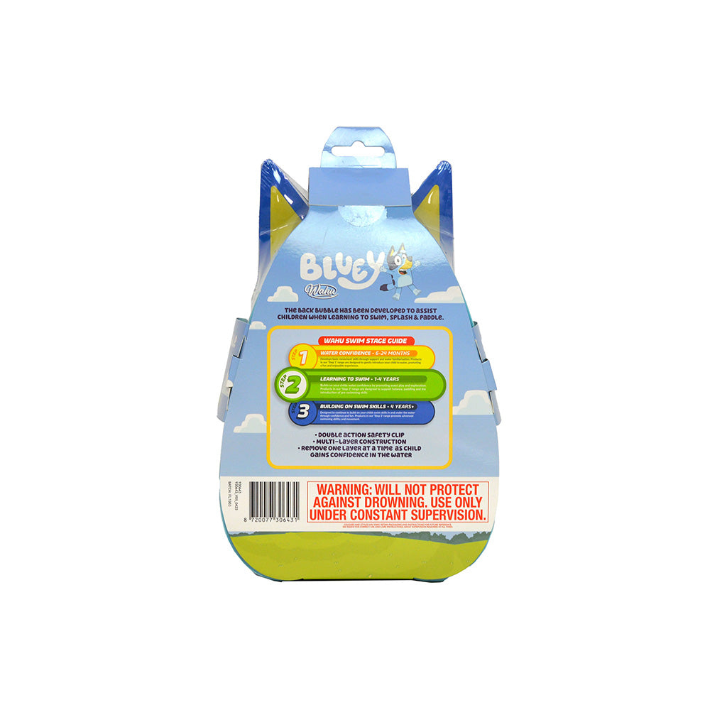 Bluey Kids waterproof toy packaging shown from the back, Bluey Pets Back Bubble single-action counter flip pet toy in its retail packaging, featuring a blue dog-shaped design with Bluey cartoon illustrations on a white background.