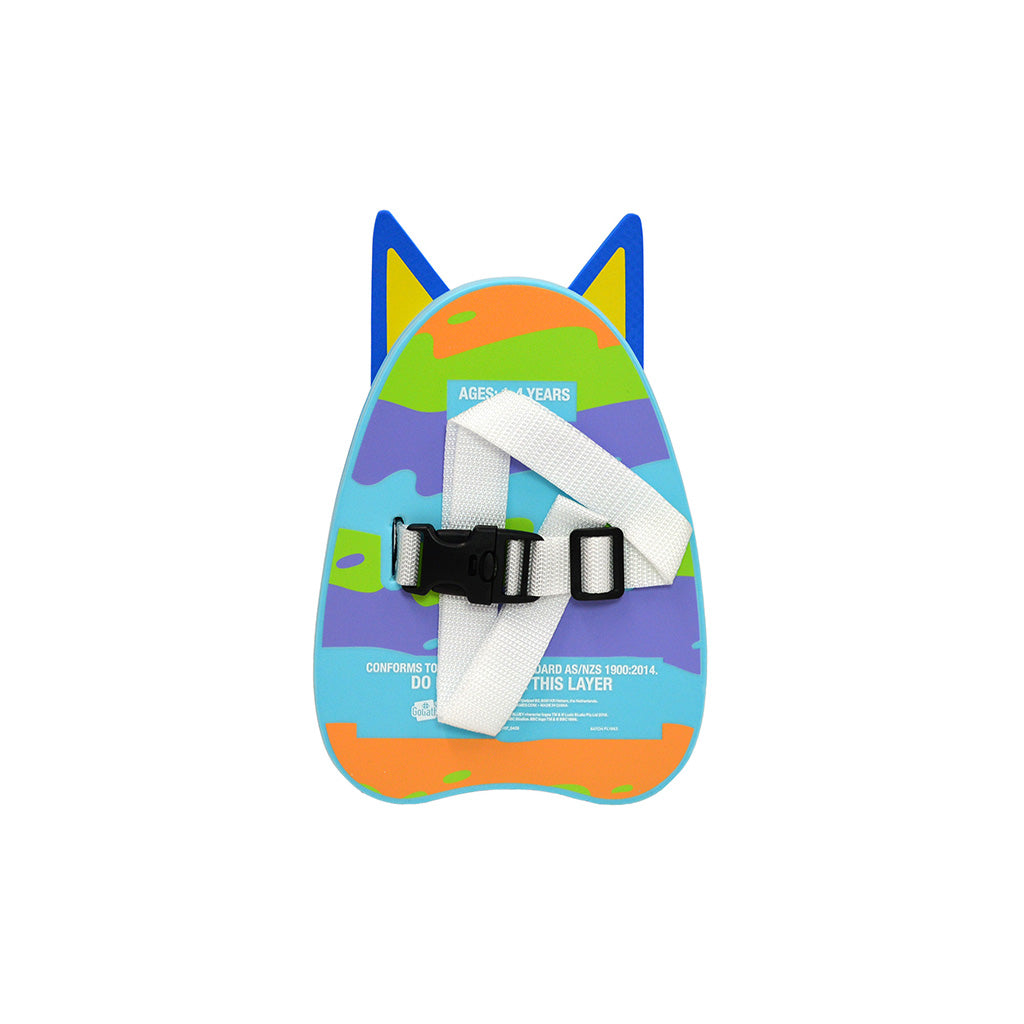 Bluey Pets Back Bubble children's swim float with dog ears, featuring a multicolour pattern of blue, purple, green, orange, and pink, with a white strap and black plastic buckle closure.