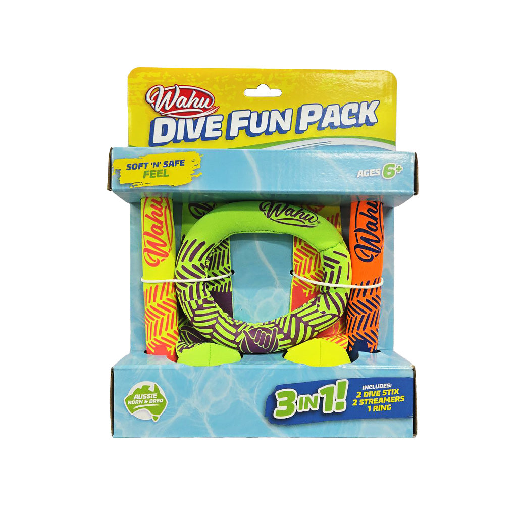 Wahu Dive Fun Pack 3-in-1 toy set in its original retail packaging, featuring a neon green diving ring, orange and yellow striped dive strips, and a purple-and-yellow striped dive stop.