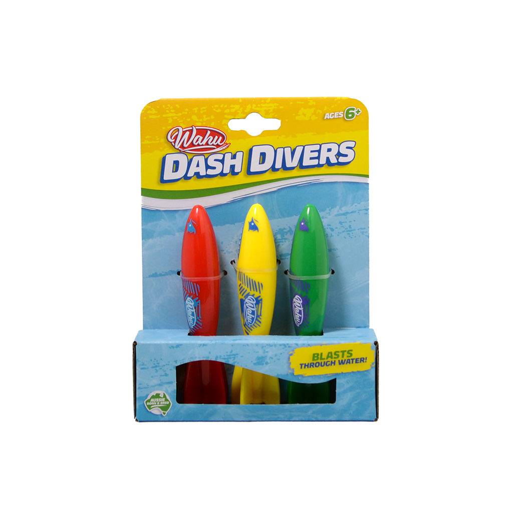 Wah! Dash Divers toy set in its original retail blister packaging, featuring three colorful fish-shaped markers in red, yellow, and green.