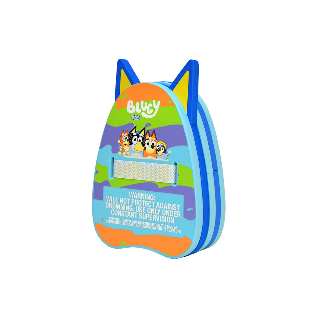 A Bluey Kids drowning prevention safety device shaped like Bluey, featuring a colourful design with blue, green, orange, and purple sections, Bluey, Bingo, Bandit and Chilli characters, and a warning label on a plain white background.