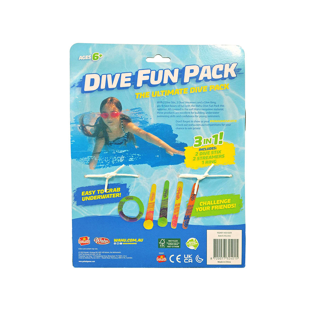 Dive Fun Pack toy set in its original retail blister packaging, featuring a blue and white card with an illustration of a girl diving, product contents (a dive step, two grabbers, and three colored rings), and various certification logos at the bottom.