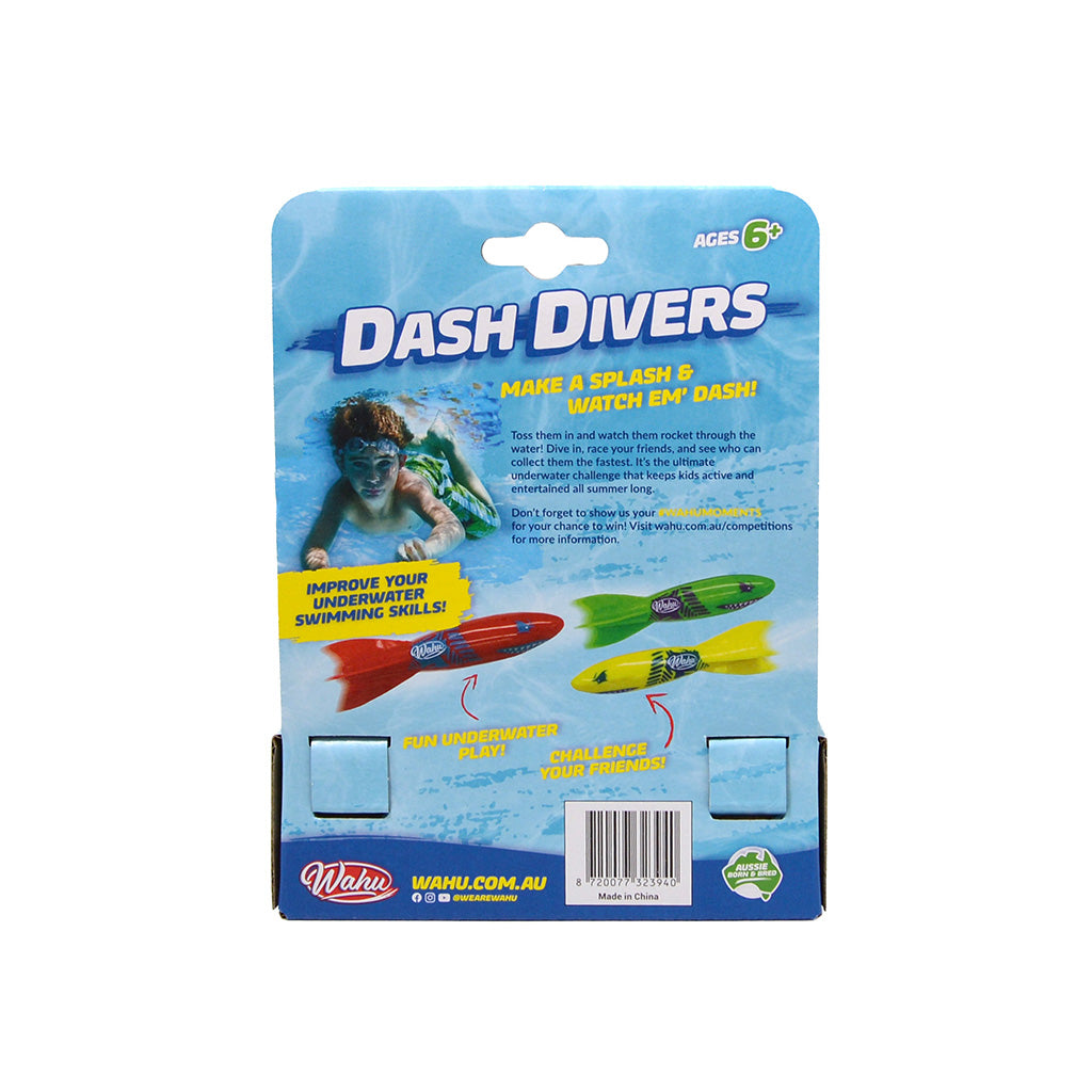 Packaged Dash Divers toy set by Whiskers, featuring a blue retail card backing with product photos, instructions, and a barcode, shown on a plain white background.