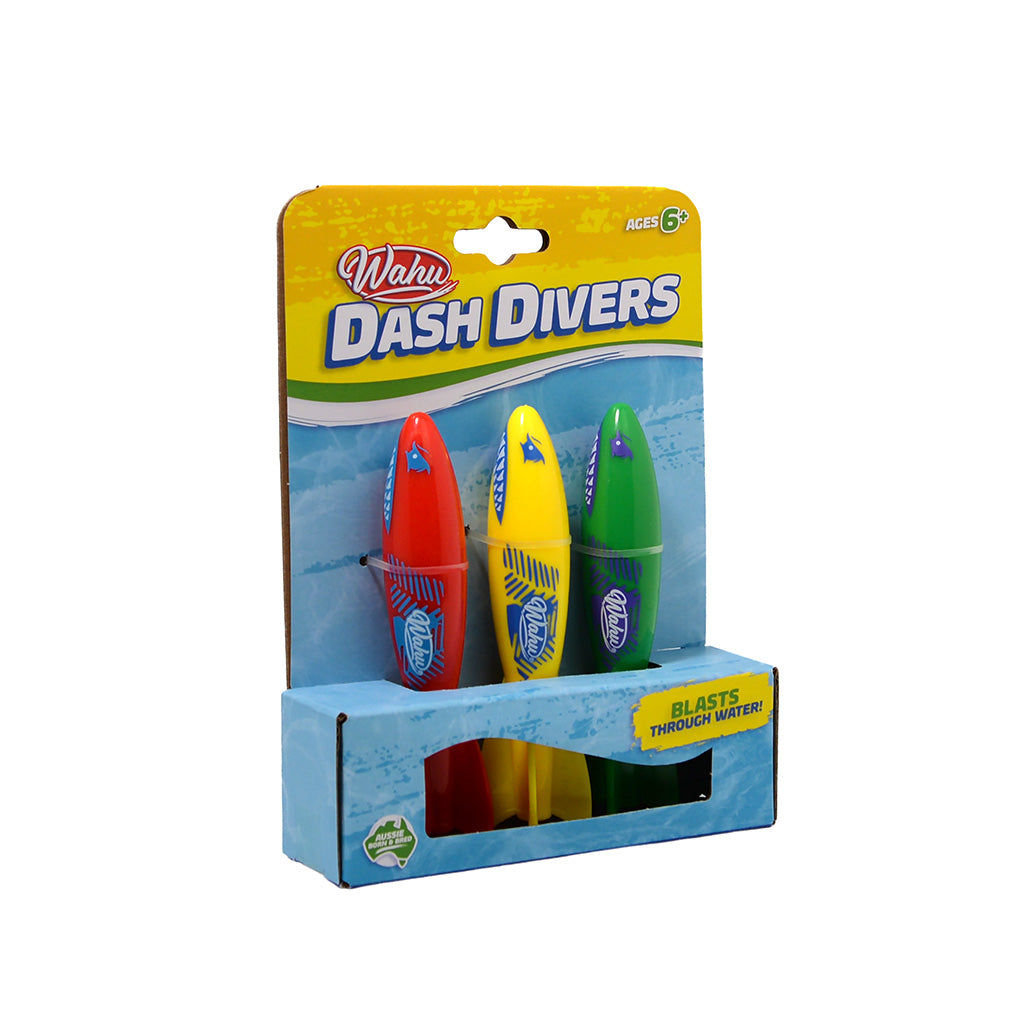 Wah! Dash Divers toy set in retail blister packaging, featuring three surfboard-shaped spray cans in red, yellow, and green on a white background.