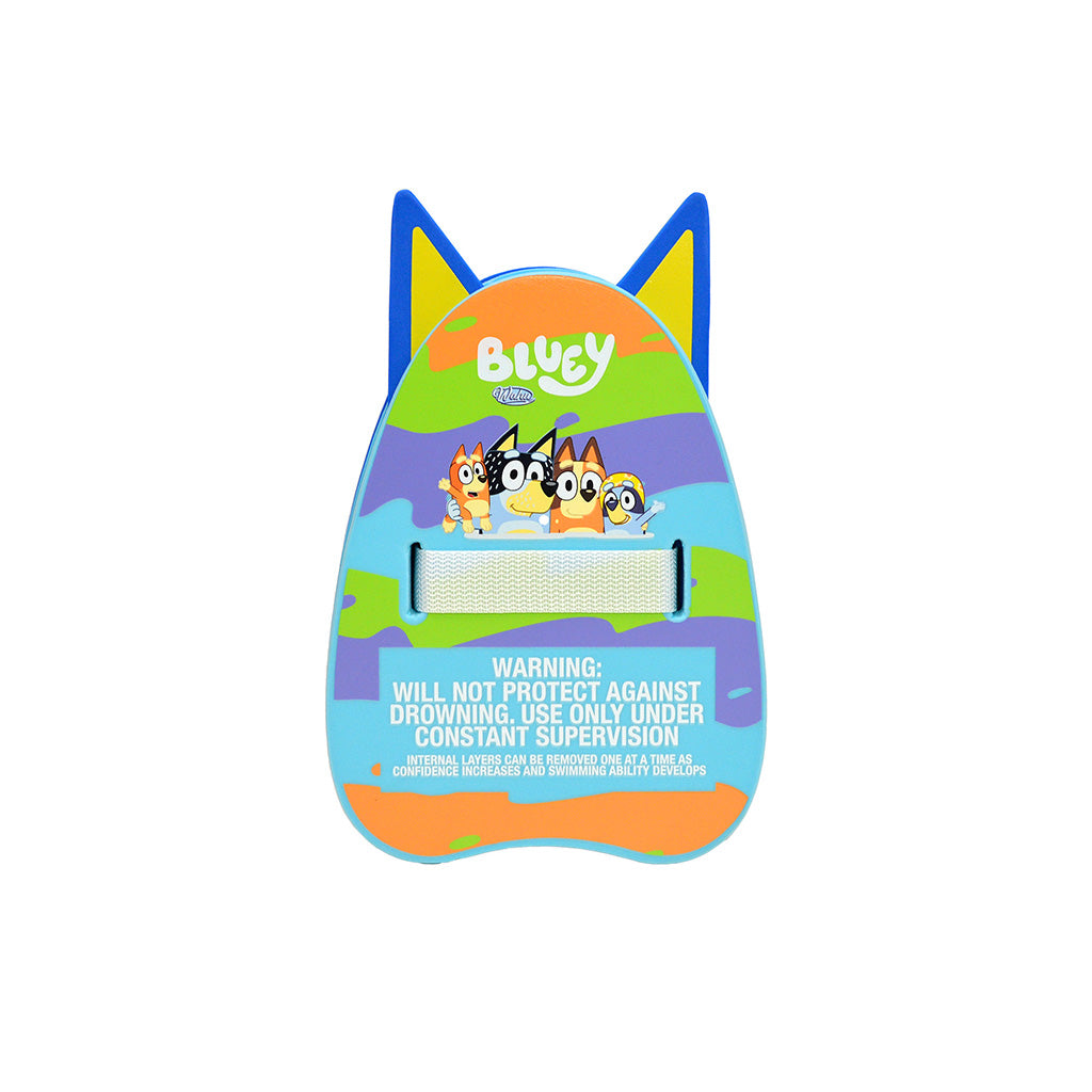 A Bluey Kids drowning prevention safety device shaped like Bluey, featuring a colourful design with blue, green, orange, and purple sections, Bluey, Bingo, Bandit and Chilli characters, and a warning label on a plain white background.