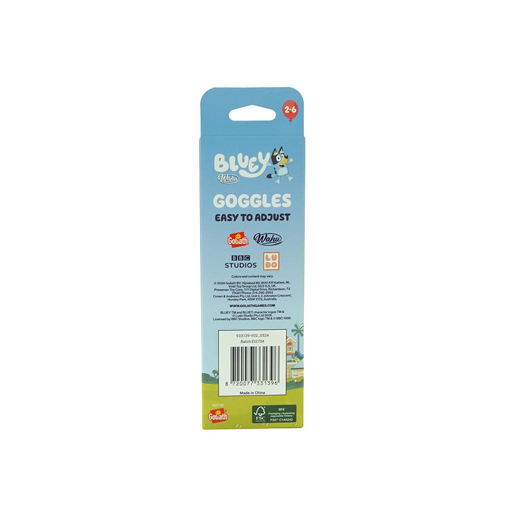 Packaged Bluey Goggles by Wahu fback of package on white