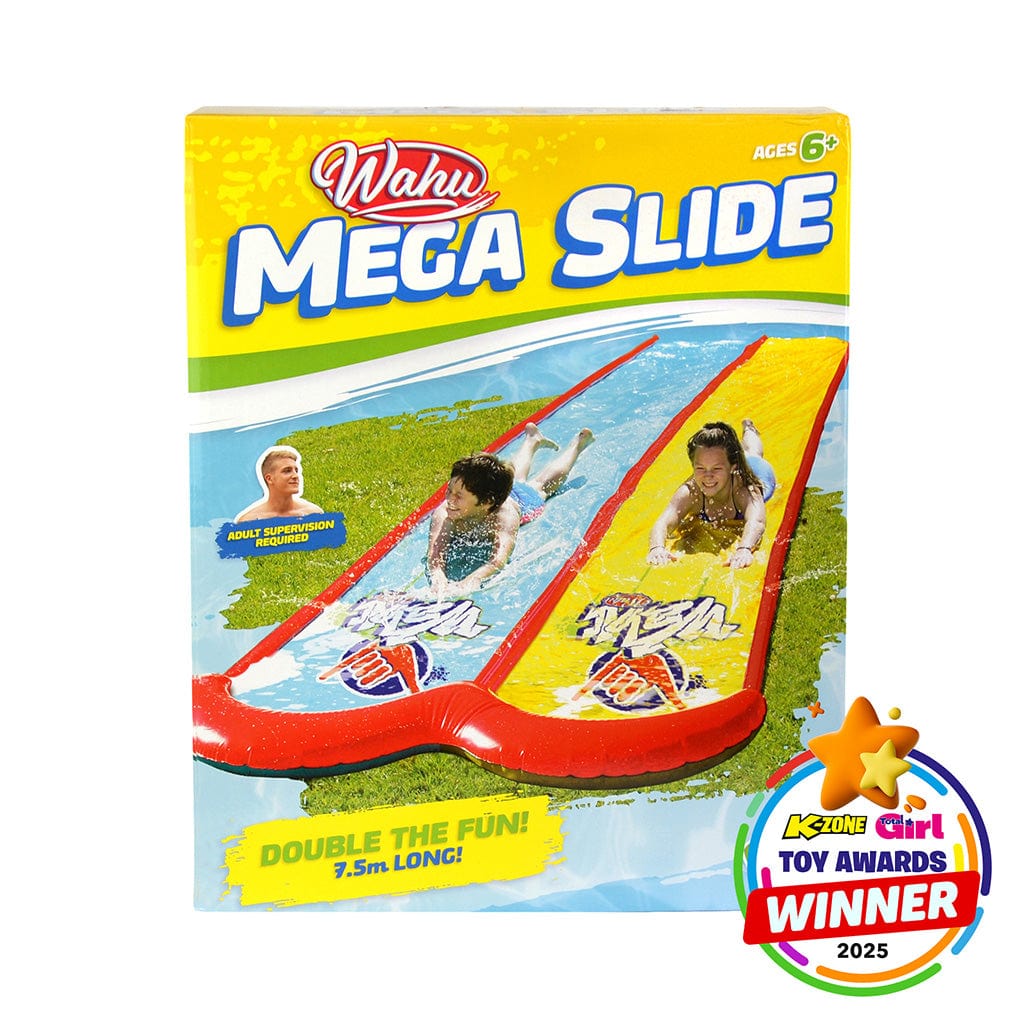 Wahu Mega Slide toy packaging with images of children using the slide and K-Team Girl Toy Awards 2025 badge.
