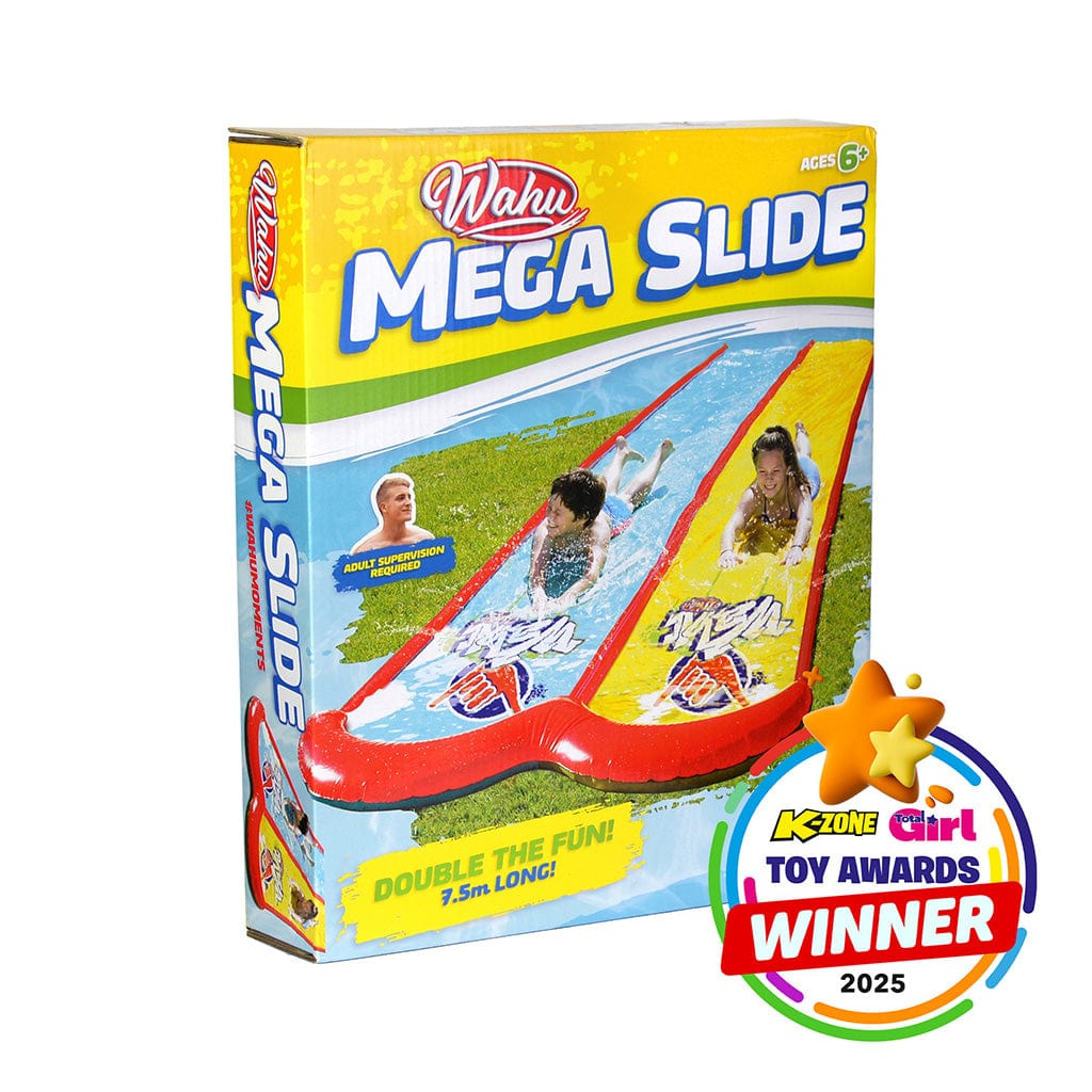 Wahu Mega Slide toy packaging with children using the slide and K-Zone Girl Toy Awards Winner badge.