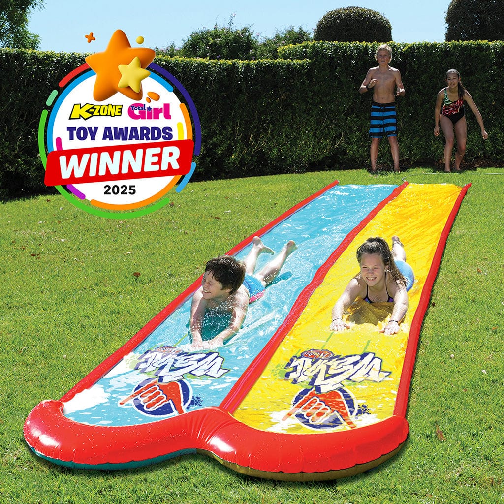 Children playing on a inflatable water slide in a garden with a Keaton Girl Toy Awards Winner badge.