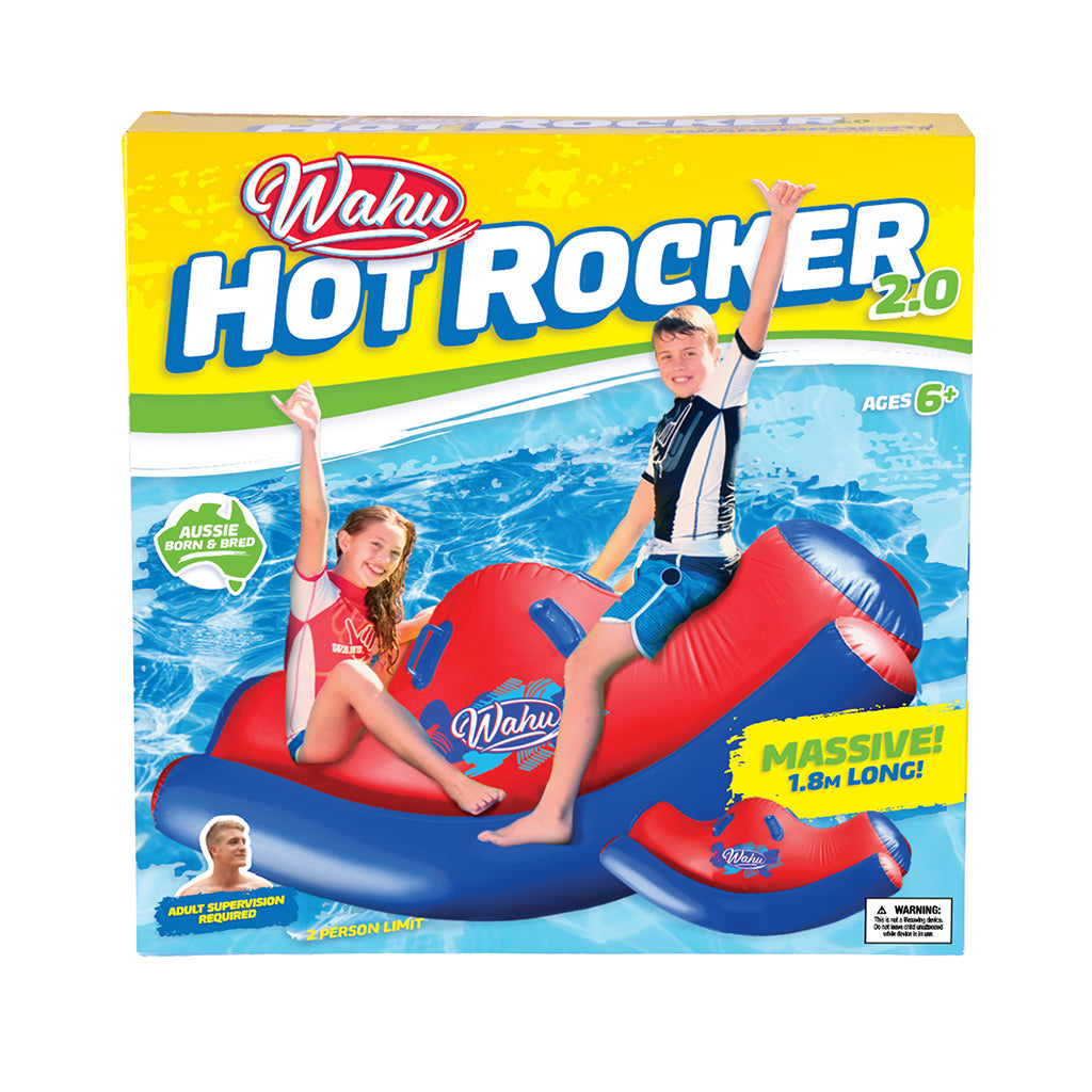 Wahu Hot Rocker 2.0 inflatable pool float toy packaging box, featuring a red and blue float design with children pictured on the front.