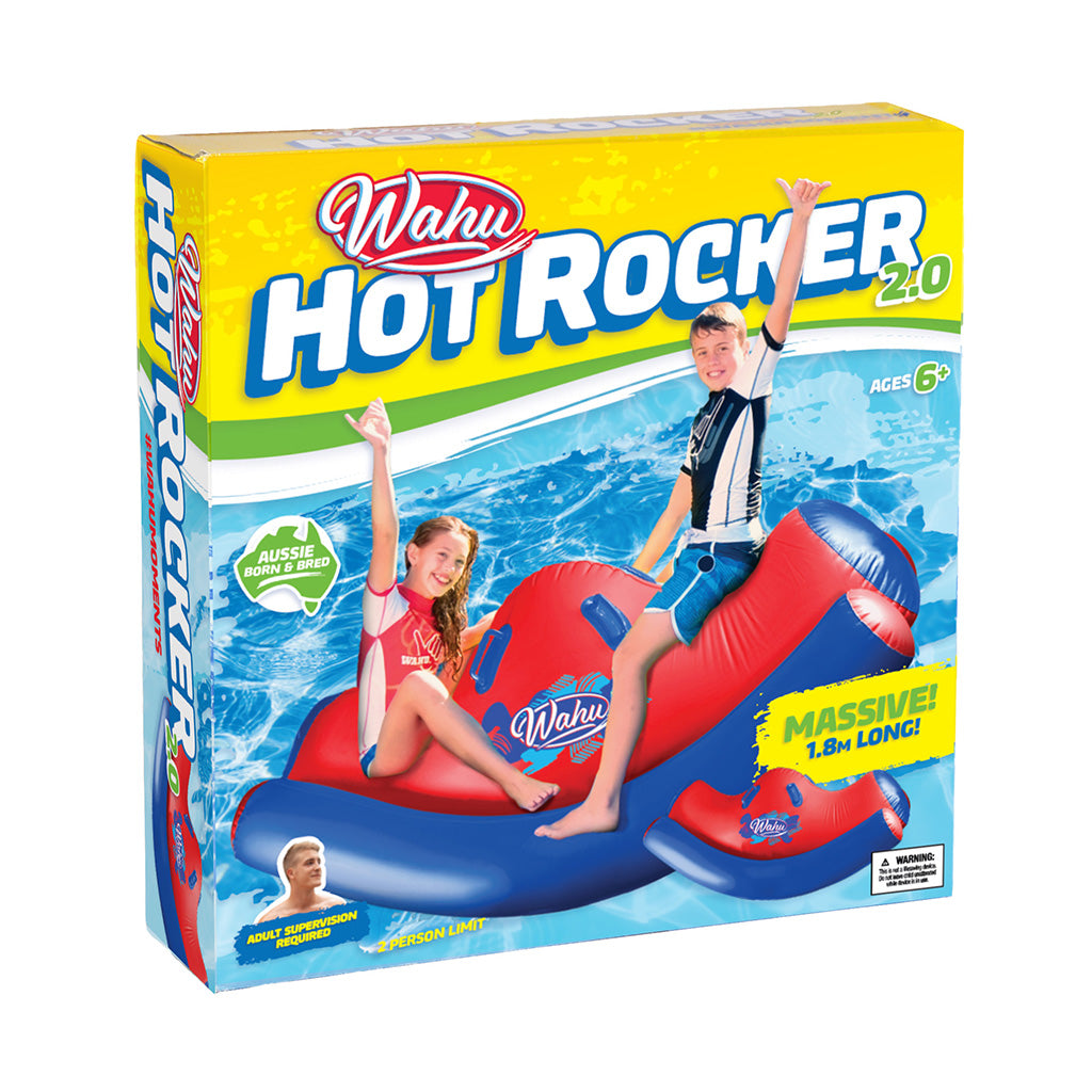 Wahu Hot Rocker 2.0 inflatable pool float toy in its retail packaging, featuring a red, blue, and yellow box with children riding the float on the front.