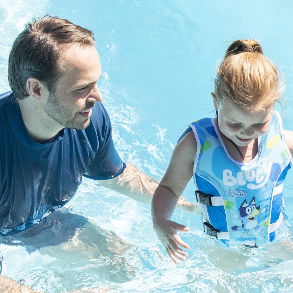 Father and Daughter in pool with child wearing Wahu x Bluey Swim Vest Child Medium 25-30kg