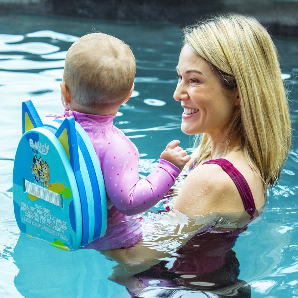 Mother and Daughter in pool with child wearing the Wahu x Bluey Back Bubble